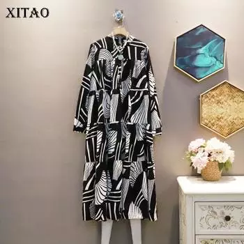 XITAO нерегулярное платье с принтом, модное повседневное свободное женское платье с длинным рукавом WMD2816 One Size чёрный