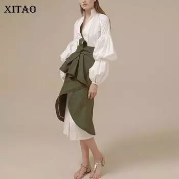 XITAO нерегулярное плиссированное платье из двух частей для женщин, новое, воротник-стойка, рукав-фонарик, ZY3560 S белый
