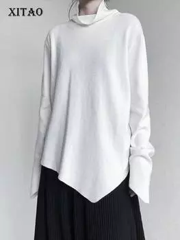 XITAO нерегулярные вязаные пуловеры, простой однотонный женский осенний повседневный асимметричный топ с полувысоким воротником HQQ1749 One Size чёрный
