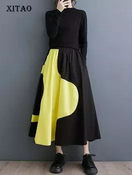 XITAO нерегулярный контрастный цвет лоскутная юбка свободная повседневная женская DMJ3848 One Size чёрный