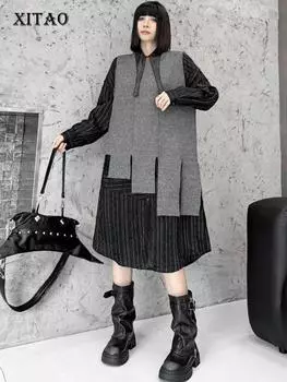 XITAO нерегулярный однотонный свитер с круглым вырезом LJ1043 One Size чёрный