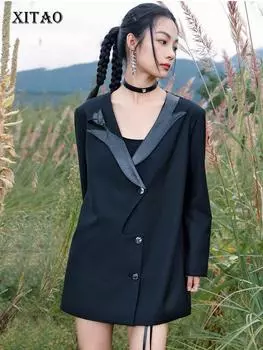 XITAO нерегулярный женский пиджак с черными цветами, украшенный V-образным вырезом в стиле пэчворк WLD13136