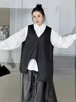 Xitao Нестандартный свободный женский жилет без рукавов с V-образным вырезом GMM1150 One Size чёрный