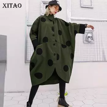XITAO нестандартный Тренч больших размеров для женщин в горошек с одним нагрудным карманом элегантное лоскутное пальто с отложным воротником GCC1781