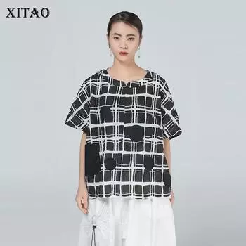 XITAO новая клетчатая футболка с принтом, модная свободная повседневная женская футболка с карманами в стиле пэчворк, простота, контрастный цвет, универсальная WMD1094