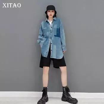 XITAO новая женская джинсовая рубашка, пальто, модная лоскутная повседневная уличная модная универсальная рубашка с отложным воротником и длинными рукавами WMD2199 One Size серый