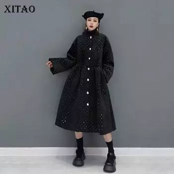 XITAO, новая зимняя парка, черная, свободная, с блестками, модная женская парка с воротником-стойкой, большой размер, сохраняющая тепло, парка, пальто LL1026 One Size чёрный