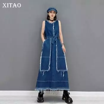 XITAO новое джинсовое бандажное платье без рукавов Burrs модное простота темпераментный с круглым вырезом воротник женское осеннее свободное CLL1258 One Size синий