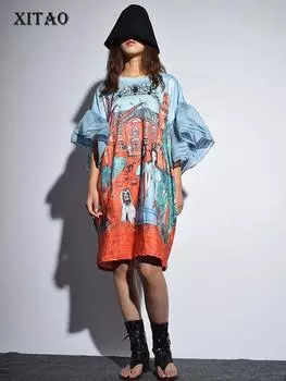 XITAO модное новое свободное платье с круглым вырезом и длинными рукавами KZH432 One Size синий