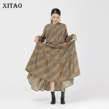 XITAO Новое винтажное платье с принтом, модное контрастное цветное свободное платье с круглым вырезом и длинным рукавом, женское повседневное универсальное ZY4675 One Size