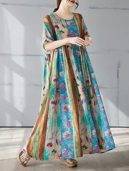 XITAO O-neck Print Floral Pleated Dress ZMY1022 One Size синий