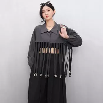 Xitao Однобортная рубашка с лацканами и кисточками в стиле пэчворк GYX1619 One Size серый