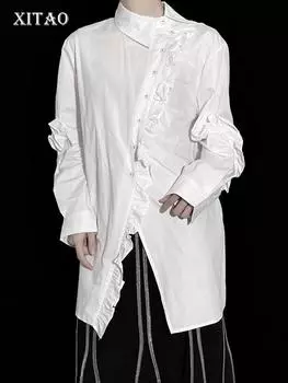 Xitao Однобортная женская рубашка с изображением съедобных древесных грибов, однотонная рубашка с отложным воротником и асимметричным разрезом, осень 2024 г., HQQ2392 One Size чёрный