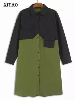 Xitao Однобортное платье с длинными рукавами и лоскутным узором GJ1076 One Size чёрный