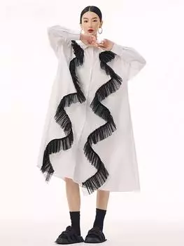 Xitao Однобортное платье с рубашечным воротником в сеточку в стиле пэчворк GMM1184 One Size белый