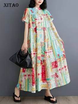 XITAO Принт Однобортное Свободное Повседневное Платье с Воротником-стойкой DMJ4151 One Size