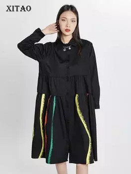 XITAO однобортное женское модное свободное платье с длинными рукавами и принтом GWJ2926-1