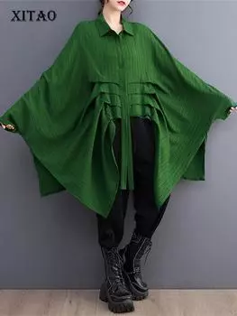 XITAO однотонная полосатая блузка со складками, свободная рубашка с рукавами «летучая мышь», нерегулярной завязкой, WLD16049 One Size чёрный