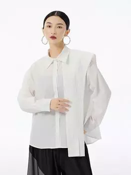Xitao Однотонная женская рубашка в стиле пэчворк, однобортная, с отложным воротником и длинным рукавом, свободный топ, осень 2024 года, DMJ4158 One Size белый