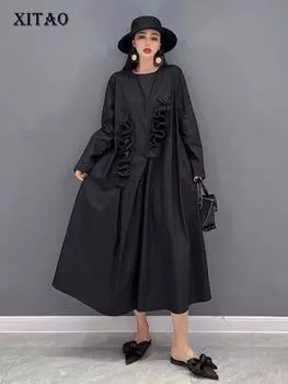 XITAO однотонное черное платье, модное асимметричное плиссированное женское платье WLD6762