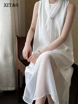 Xitao Однотонное марлевое платье без рукавов в стиле пэчворк, темпераментное простое летнее модное универсальное женское новое платье HJF3262