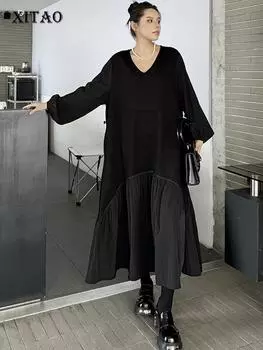 XITAO однотонное платье А-силуэта с V-образным вырезом и длинными рукавами DMJ5008 One Size чёрный