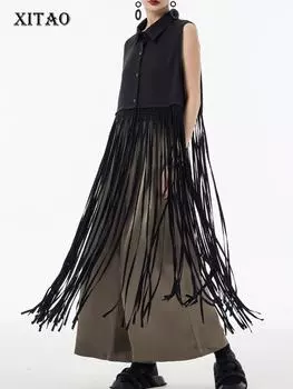 XITAO однотонное платье без рукавов с кисточками WLD20176 One Size чёрный