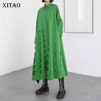 XITAO однотонное платье на пуговицах в стиле пэчворк, женское повседневное модное стильное универсальное платье с отложным воротником WMD2553 One Size зелёный