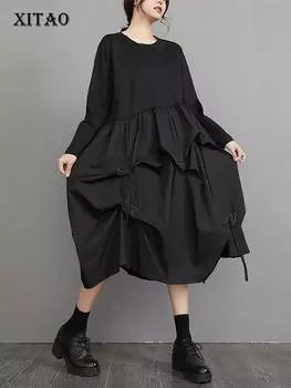 XITAO однотонное платье в стиле пэчворк со складками, пуловер с круглым вырезом, карманом и длинным рукавом, повседневное LYD1478