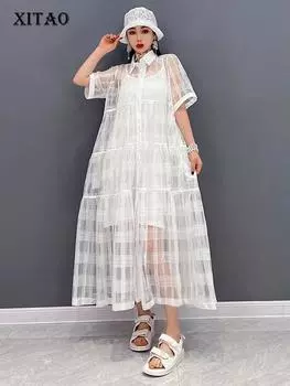 XITAO однотонное плиссированное платье женское корейское летнее новое индивидуальное модное свободное платье с отложным воротником и короткими рукавами WLD7063 One Size