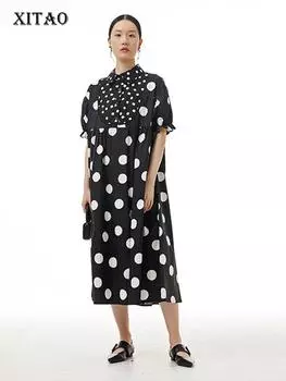 XITAO однотонное плиссированное платье женское корейское летнее новое индивидуальное модное свободное платье с отложным воротником и короткими рукавами WLD7387 One Size