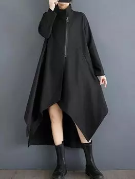 XITAO однотонное повседневное А-силуэтное пальто с длинными рукавами и молнией в стиле пэчворк GMM1021 One Size чёрный