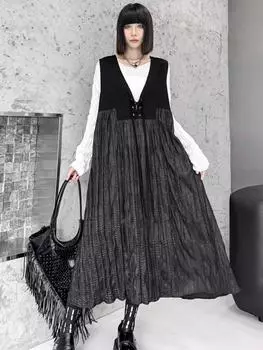 XITAO однотонное повседневное платье без рукавов с v-образным вырезом GMM1070 One Size чёрный