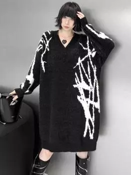 XITAO однотонное повседневное платье длиной до колена с V-образным вырезом и длинными рукавами, европейская мода, новое трикотажное осеннее женское платье-пуловер GMM1095 One Size чёрный