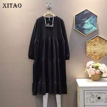 XITAO однотонное повседневное платье с длинными рукавами ZY3953 One Size темно-синий