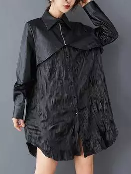 Xitao Однотонное повседневное платье с отложным воротником и длинными рукавами GMM1109 One Size чёрный