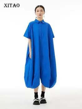 Xitao Однотонное повседневное свободное однобортное платье ZY8775 One Size зелёный