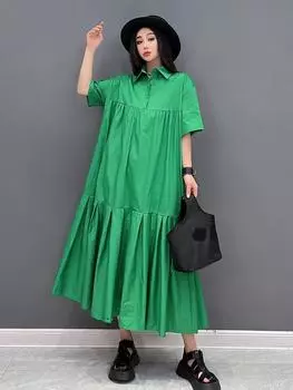 XITAO однотонное повседневное женское индивидуальное модное свободное платье с отложным воротником и коротким рукавом WMD6614