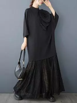 XITAO однотонное повседневное женское платье с полувысоким воротником GMM1036 One Size чёрный