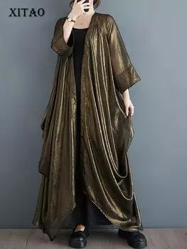 XITAO однотонное свободное женское пальто длиной до щиколотки со складками HQQ2348 One Size темно-коричневого