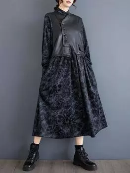 Xitao Однотонное свободное женское платье с воротником-стойкой в стиле пэчворк из искусственной кожи ZYY1053 One Size чёрный