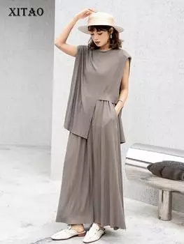 XITAO однотонные повседневные свободные женские комплекты, модная асимметричная футболка, топ, юбка, комплекты из двух предметов HQQ2331