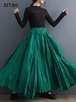 XITAO однотонные повседневные юбки со складками HQQ1552 One Size чёрный