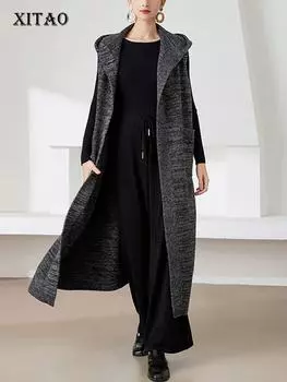 XITAO однотонные вязаные длинные жилеты без рукавов с капюшоном ZZ0052