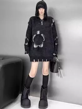 Xitao Однотонный свободный вязаный свитер с капюшоном и длинными рукавами GMM1119 One Size чёрный