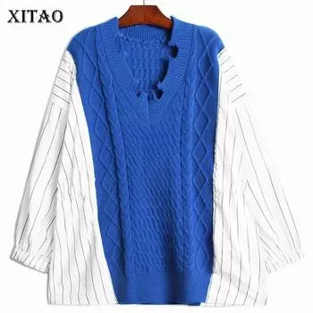 XITAO осенние новые пуловеры, модные повседневные вязаные лоскутные пуловеры в полоску с v-образным вырезом, свободные, универсальные, простота, женские WMD3808