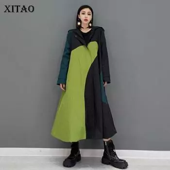 XITAO осенний новый модный Тренч в Корейском стиле, повседневный контрастный цвет, лоскутный воротник с капюшоном, длинный свободный универсальный женский WMD3838