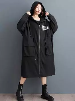 XITAO пальто-тренч с капюшоном, застежкой-молнией, карманом на шнурке, эластичными рукавами GMM1207 One Size чёрный