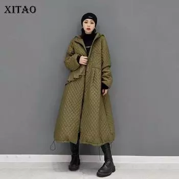 XITAO парка с капюшоном, пальто с ромбовидной решеткой на молнии, модная винтажная универсальная женская куртка JL0224