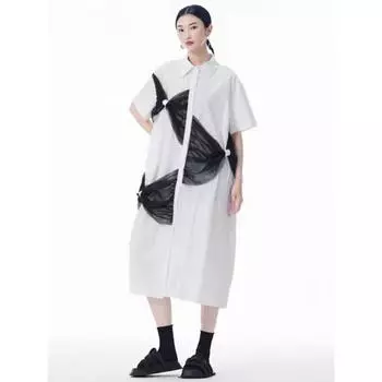 XITAO Patchwork Bow Mesh Female Shirt Dress HQQ2443 One Size белый
